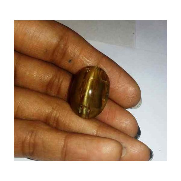 26.85 Carat Orangish Yellow Kanak Khet Chrysoberyl Cat's Eye 21.68 x 15.38 x 14.62 MM